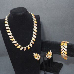 Vintage Kramer Parure Set Gold Tone Neutral Thermoset Leaf 60s MCM Statement USA